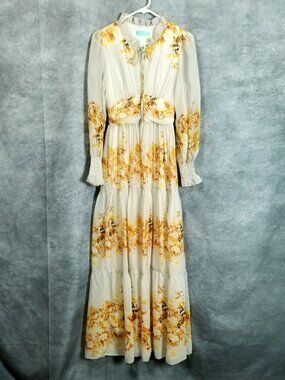 Toleen Floral Print Chiffon Maxi Dress Size M Yellow Rose Floral Tiered Smocked